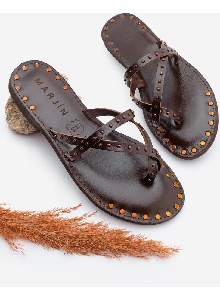 MARJIN Women's Genuine Leather Studded Flip Flops Casual Slippers Pemora - Image 1